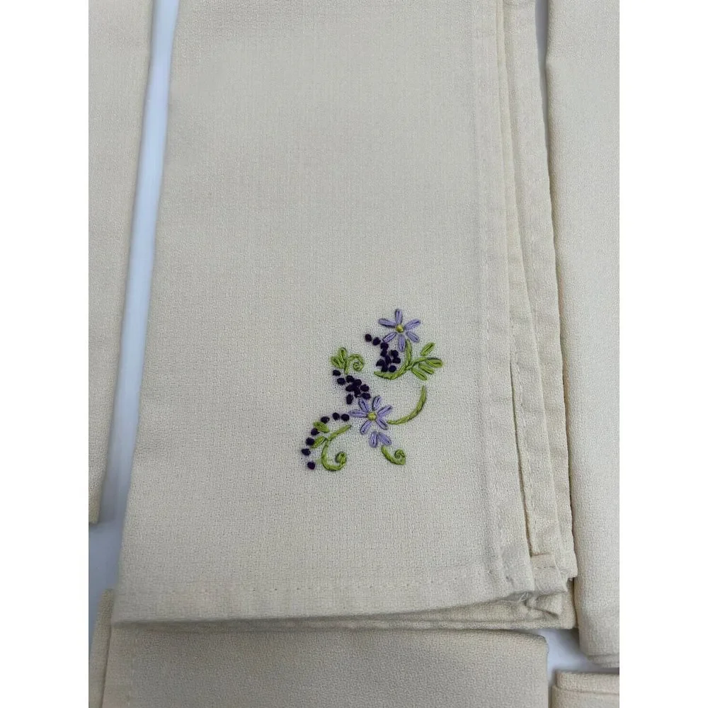 6 Hand‎ Embroidery Table Napkins  Flowers Purple With Green Leaves